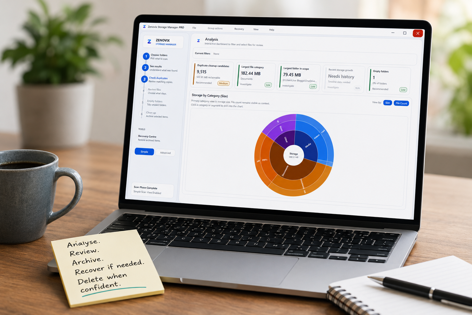 Zenovix Storage Manager running on a laptop beside a note listing analyse, review, archive, recover and delete