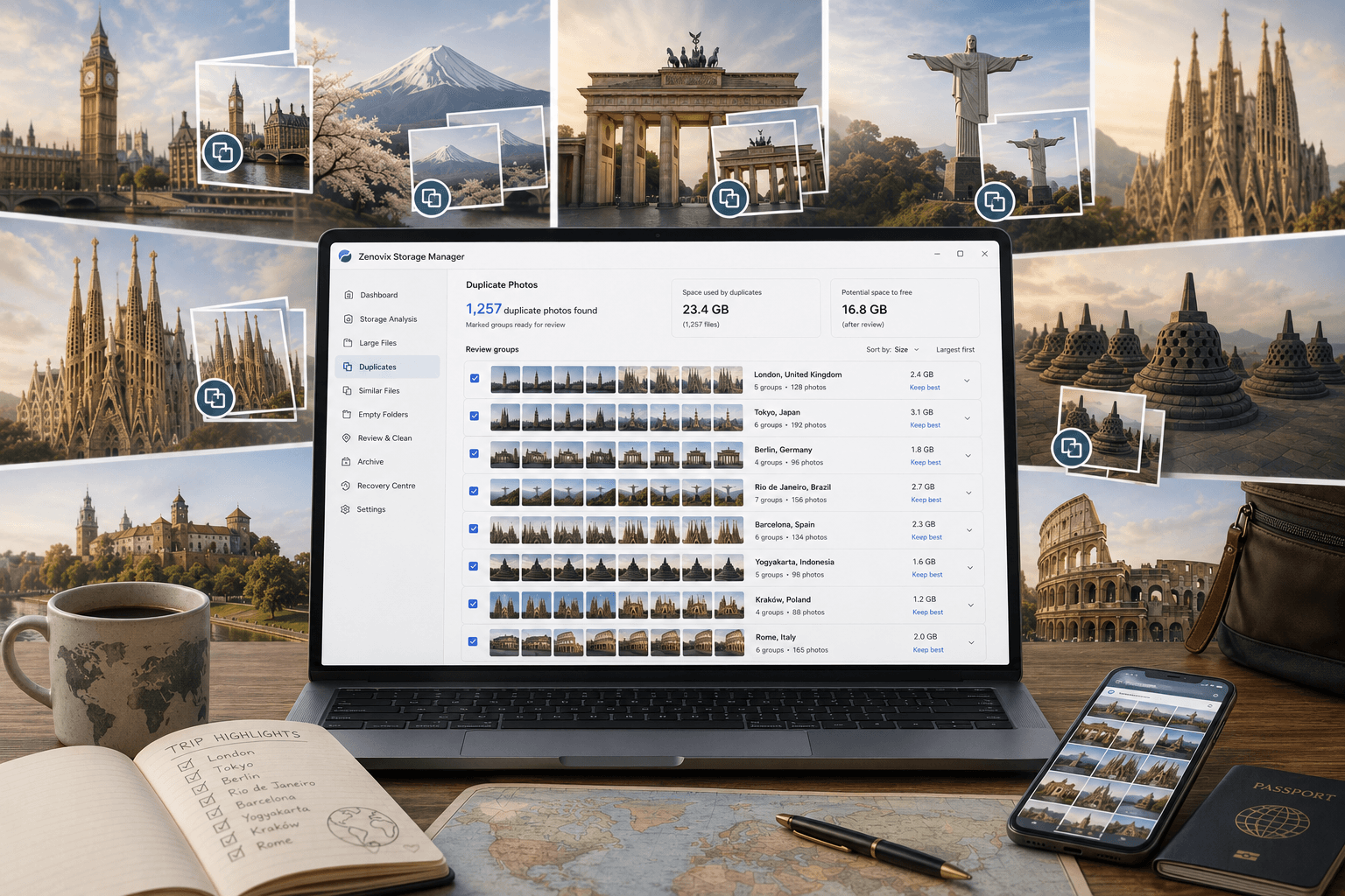 Zenovix Storage Manager revisando fotos de viaje duplicadas en un portátil, rodeado de imágenes de monumentos de todo el mundo