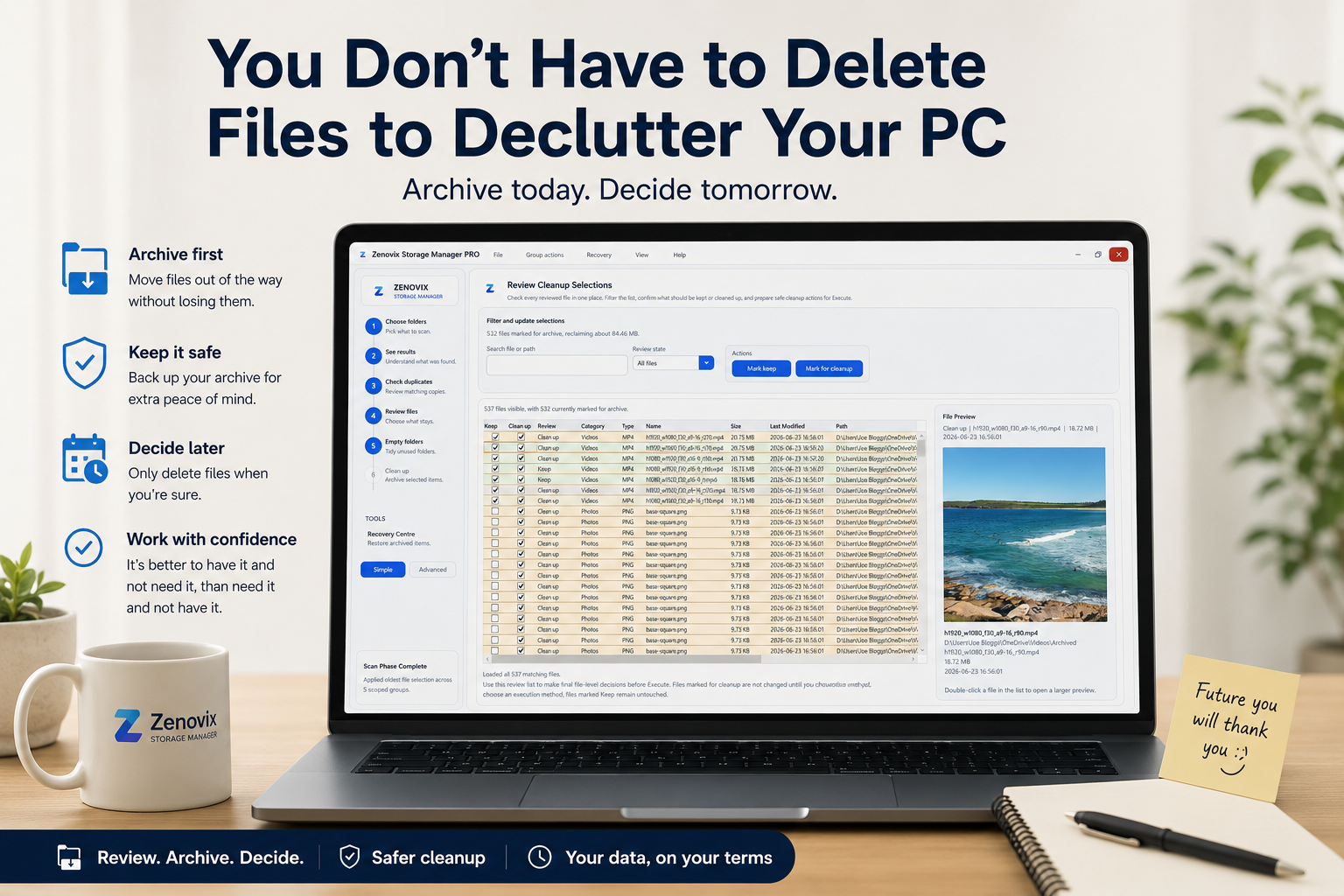 Zenovix Storage Manager blog graphic about archiving files before deciding whether to delete them