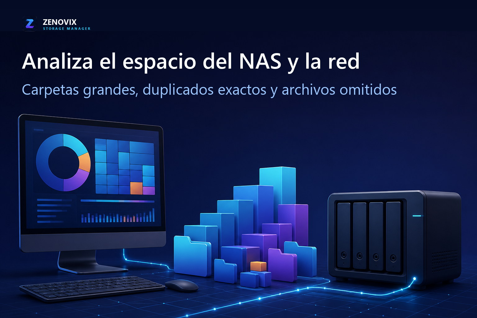 Un PC con Windows analiza un recurso NAS accesible y separa carpetas grandes, duplicados exactos y archivos omitidos