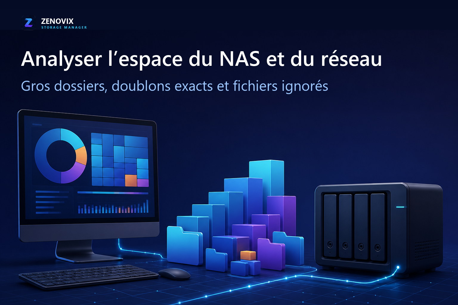 Un PC Windows analyse un partage NAS accessible et distingue les dossiers volumineux, les doublons exacts et les fichiers ignorés