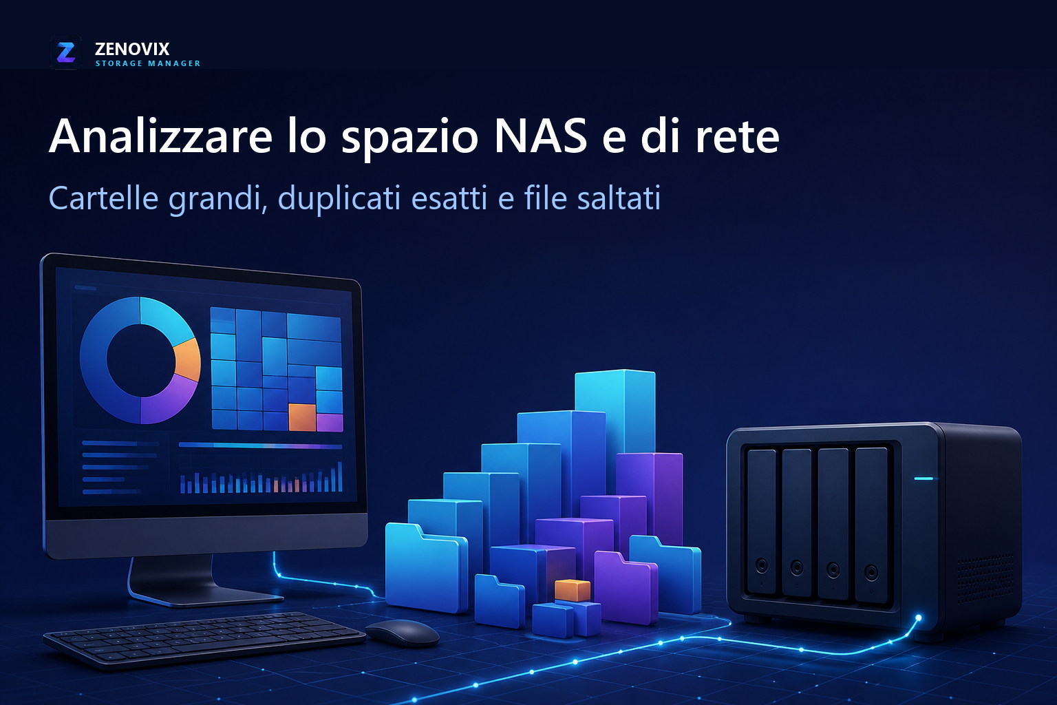 Un computer Windows analizza una condivisione NAS accessibile distinguendo cartelle grandi, duplicati esatti e file saltati