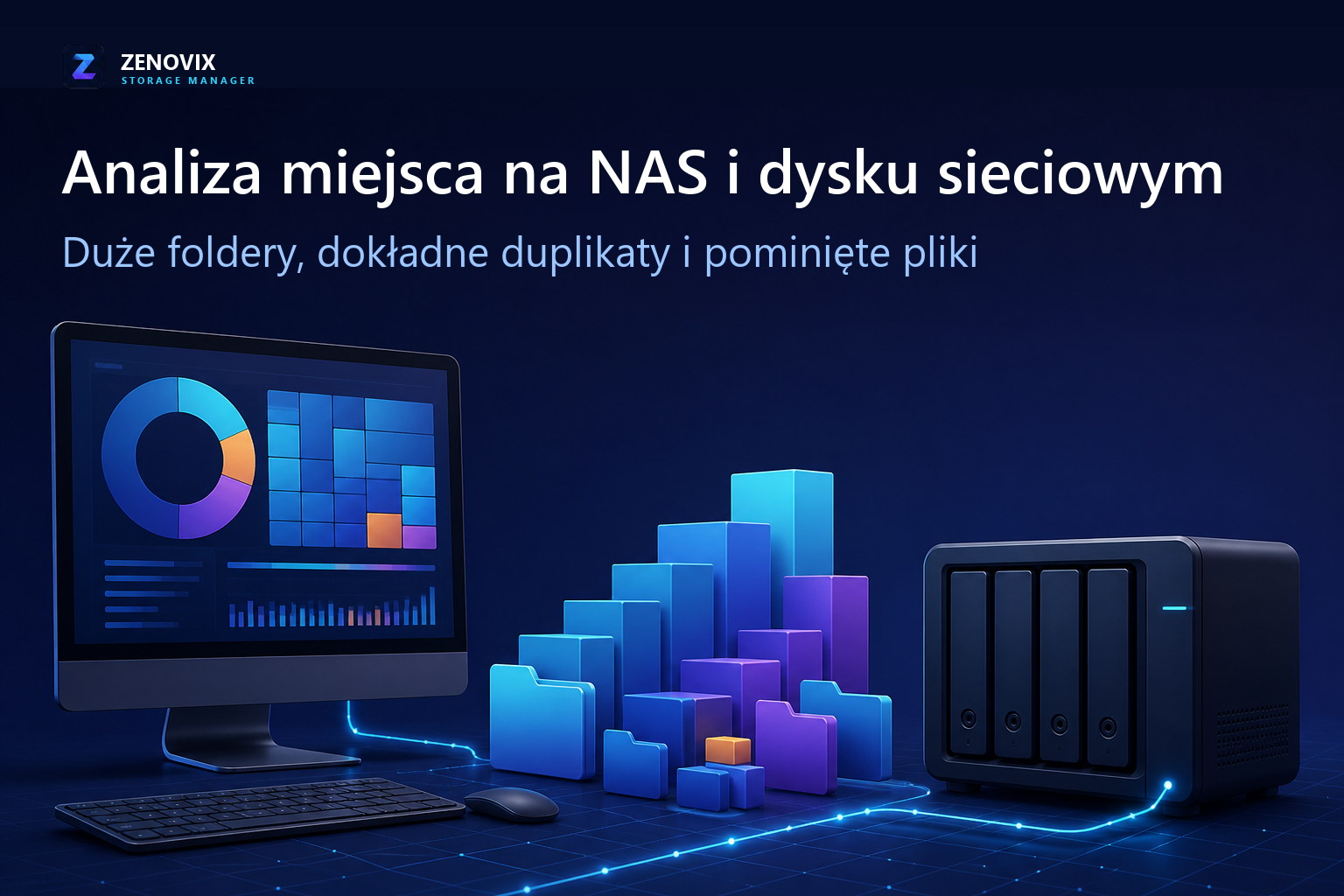 Komputer z Windows analizuje dostępny udział NAS i rozdziela duże foldery, dokładne duplikaty oraz pominięte pliki