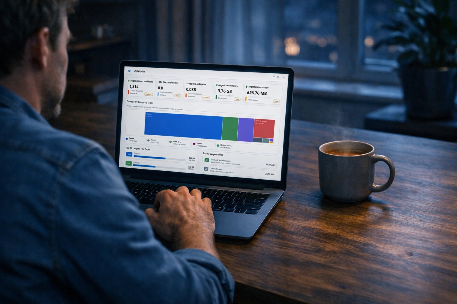 Person reviewing Windows storage analysis on a laptop before cleaning up files