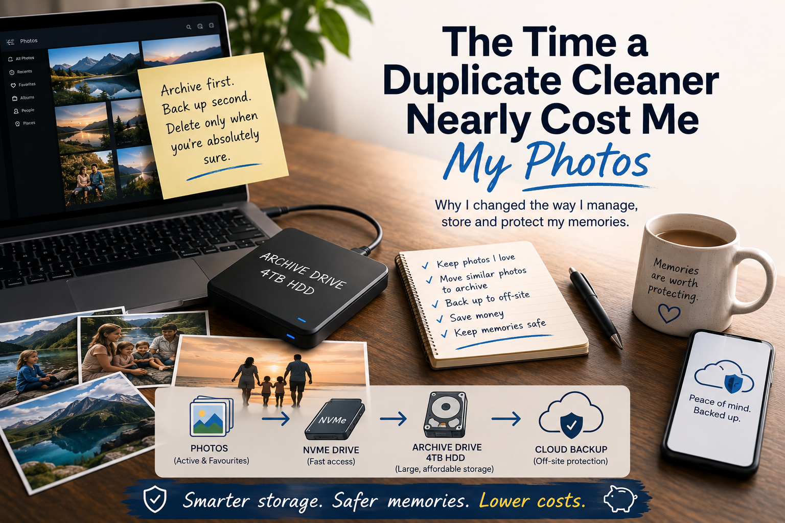 Photo storage workflow showing duplicate photo review, an archive hard drive and cloud backup reminders
