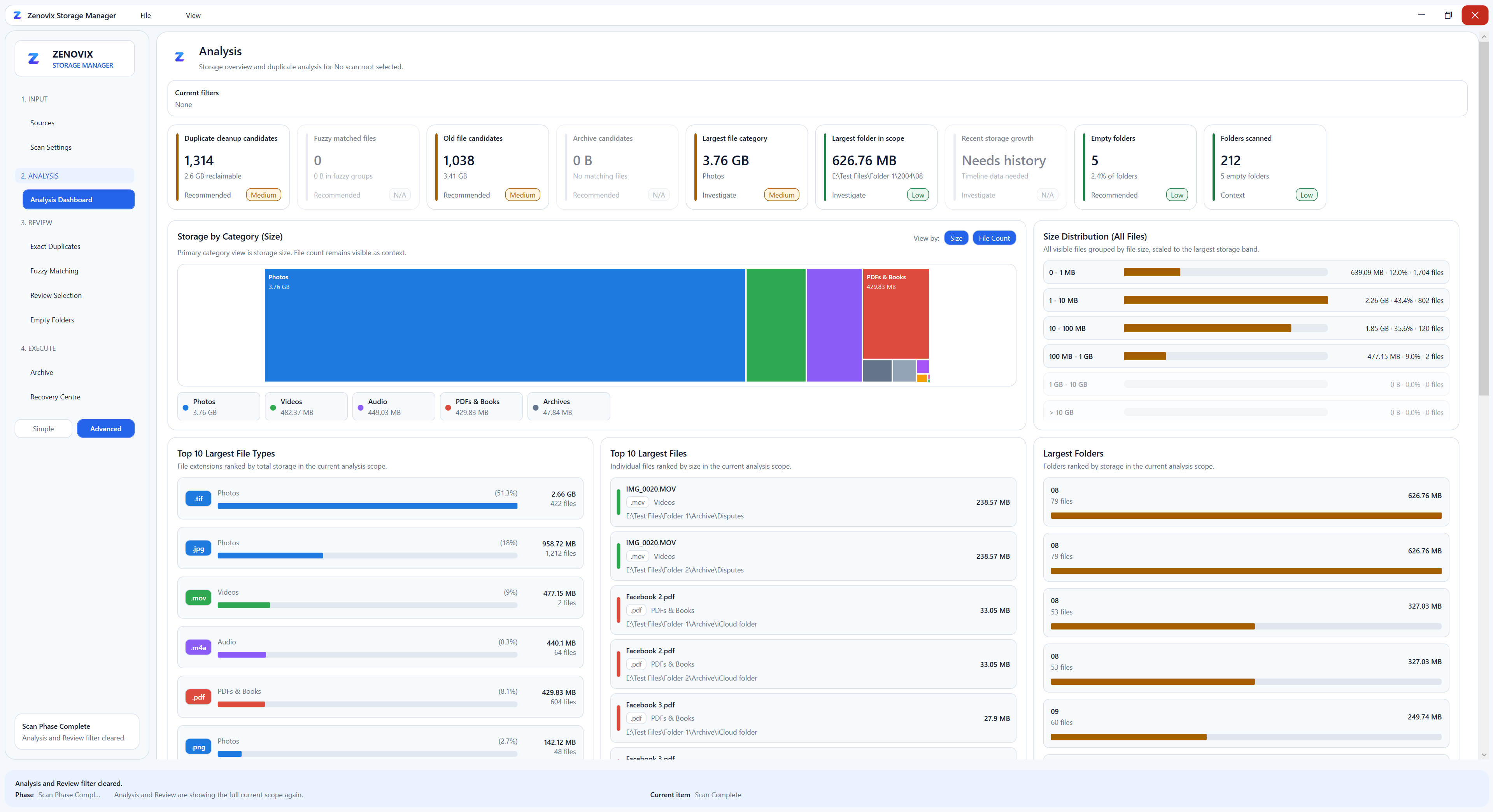 Zenovix Storage Manager dashboard showing disk usage analysis and storage categories on Windows