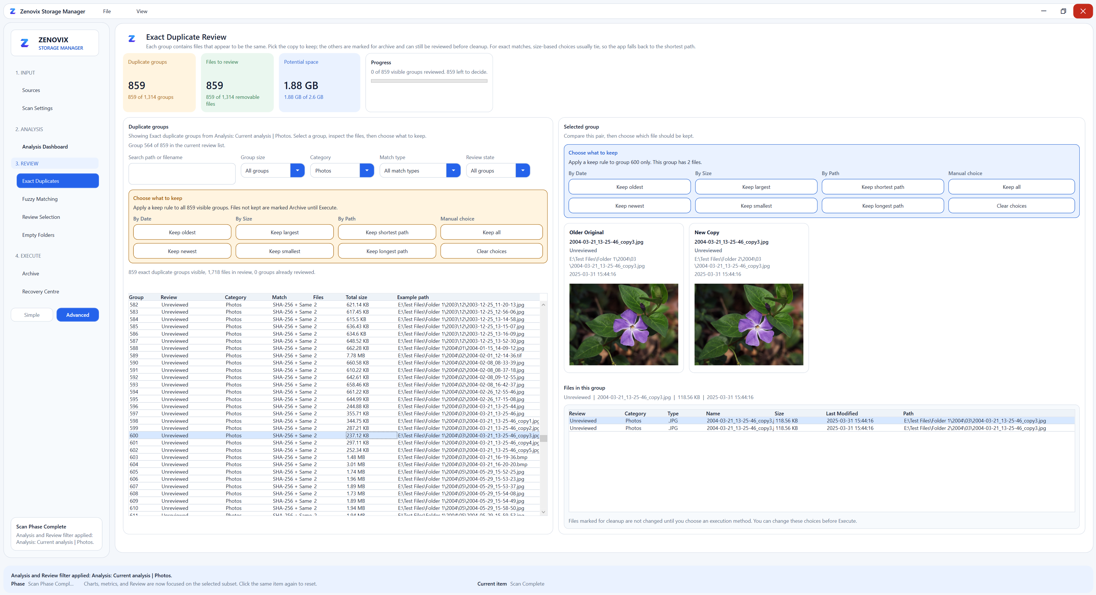 Zenovix Storage Manager exact duplicate review showing files ready for keep or delete decisions