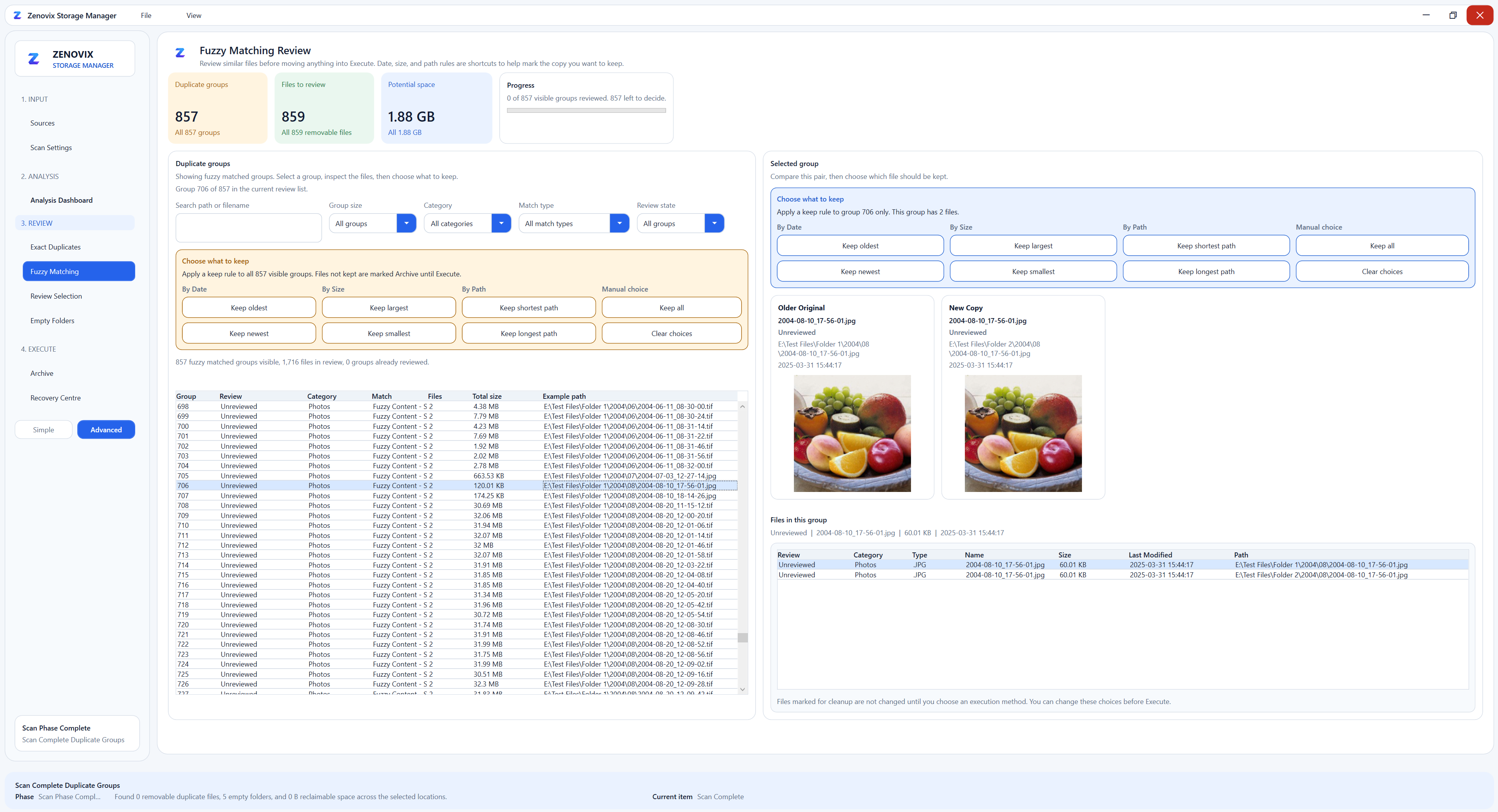 Zenovix duplicate photo finder comparing similar images side by side in dark theme