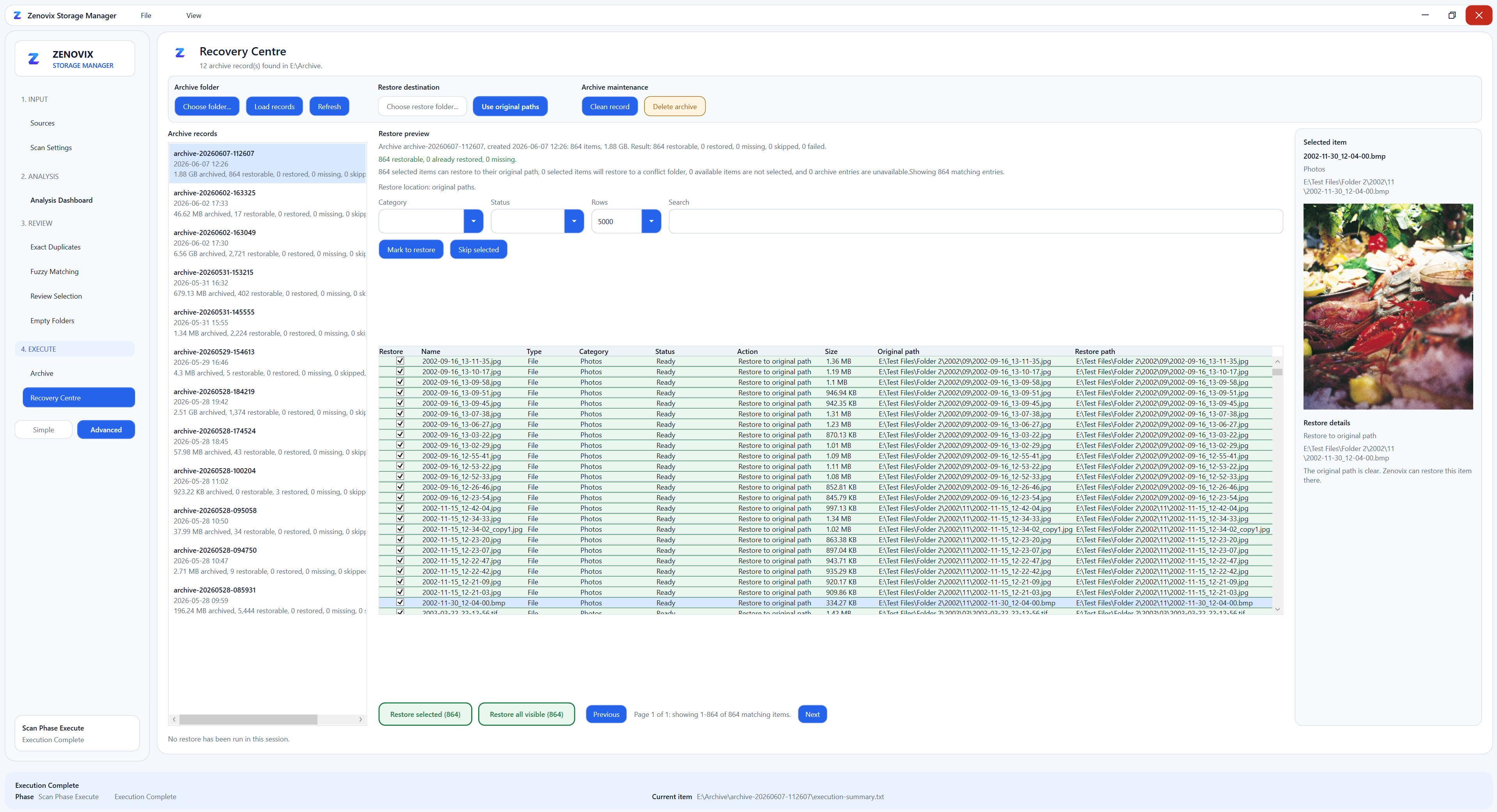 Zenovix Storage Manager Recovery Centre showing archive records and restore preview controls