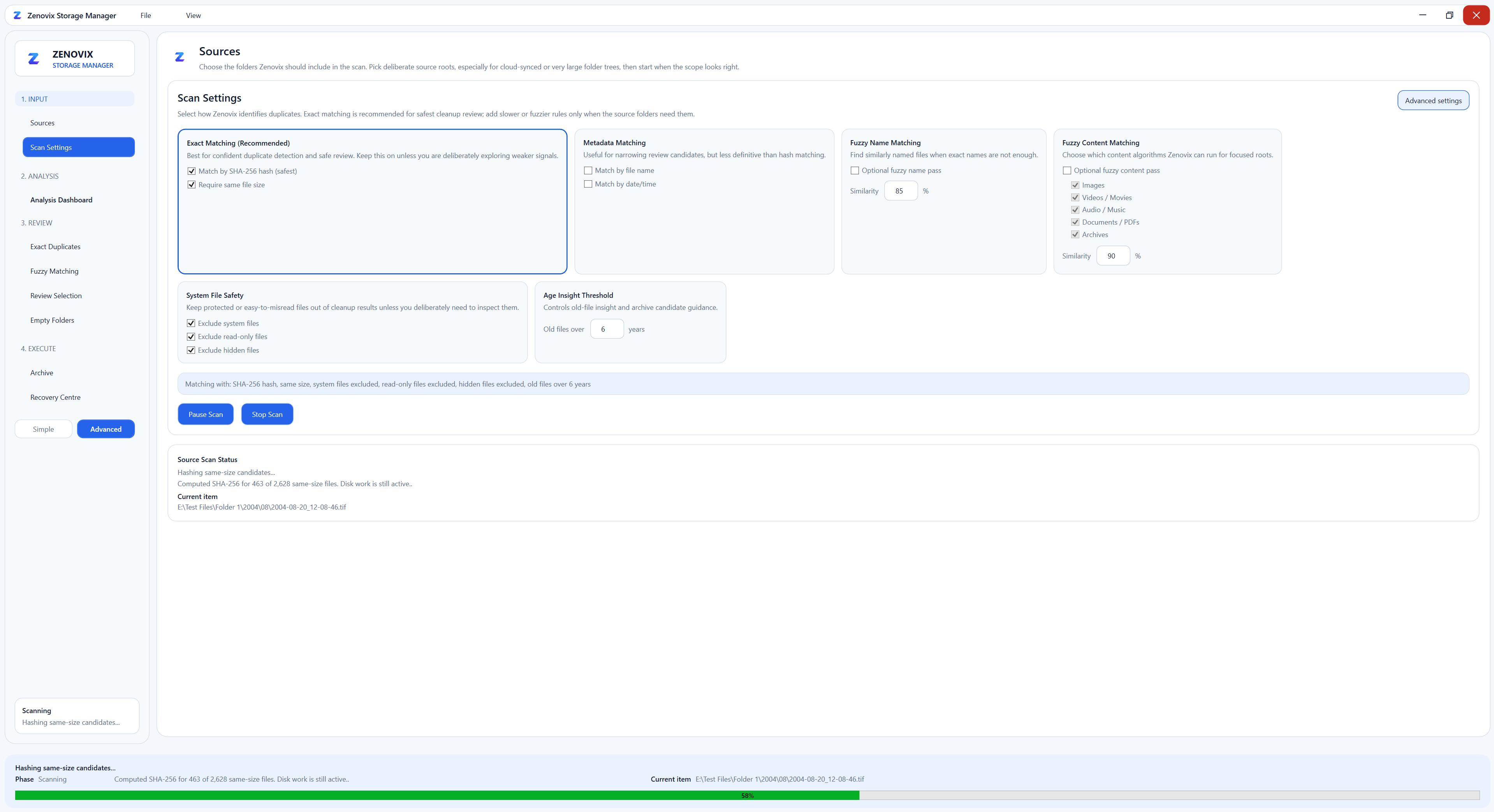 Zenovix Storage Manager scan settings showing source folders and duplicate matching options