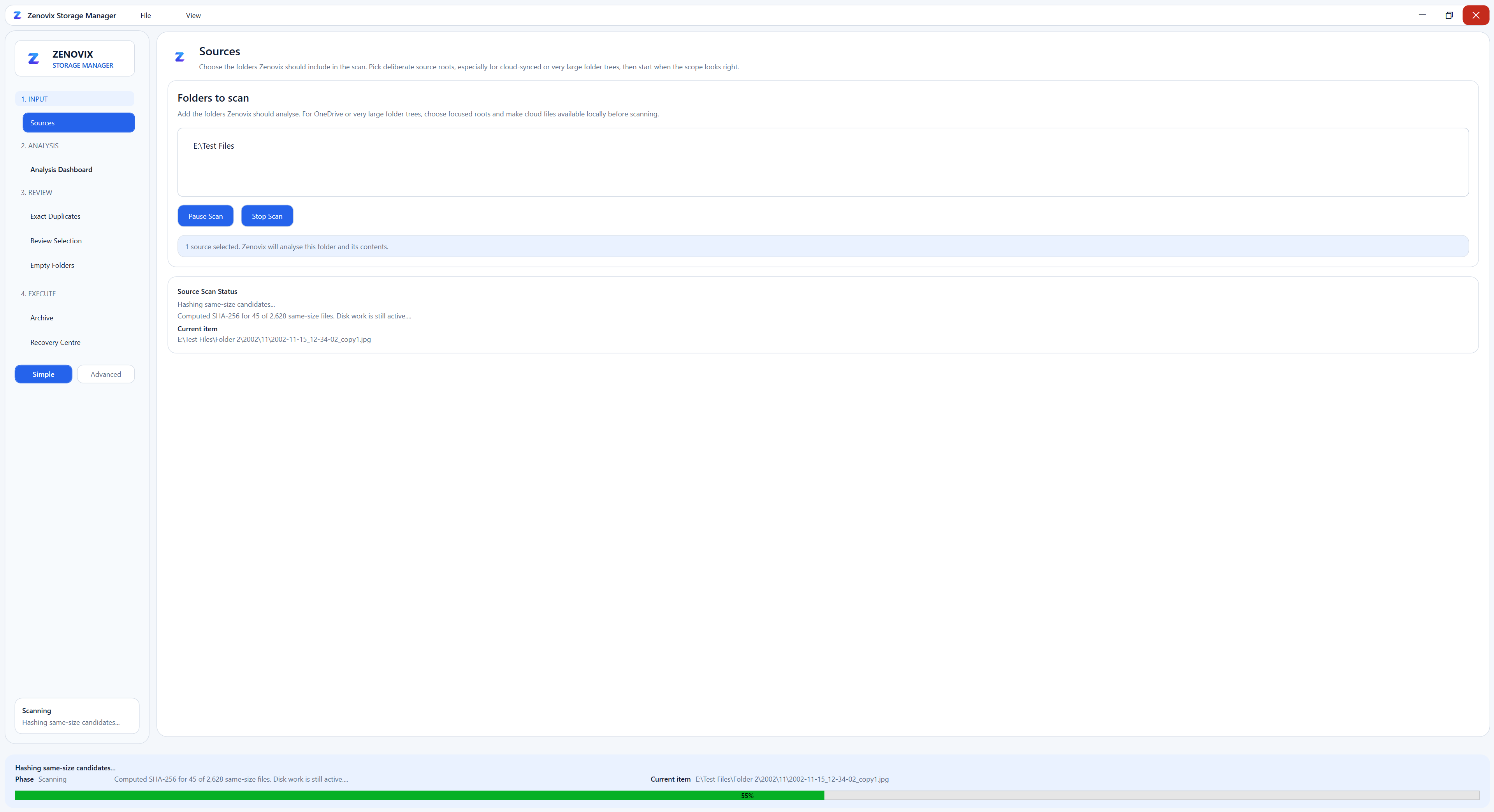 Zenovix Storage Manager source selection showing chosen folders and drives for scanning