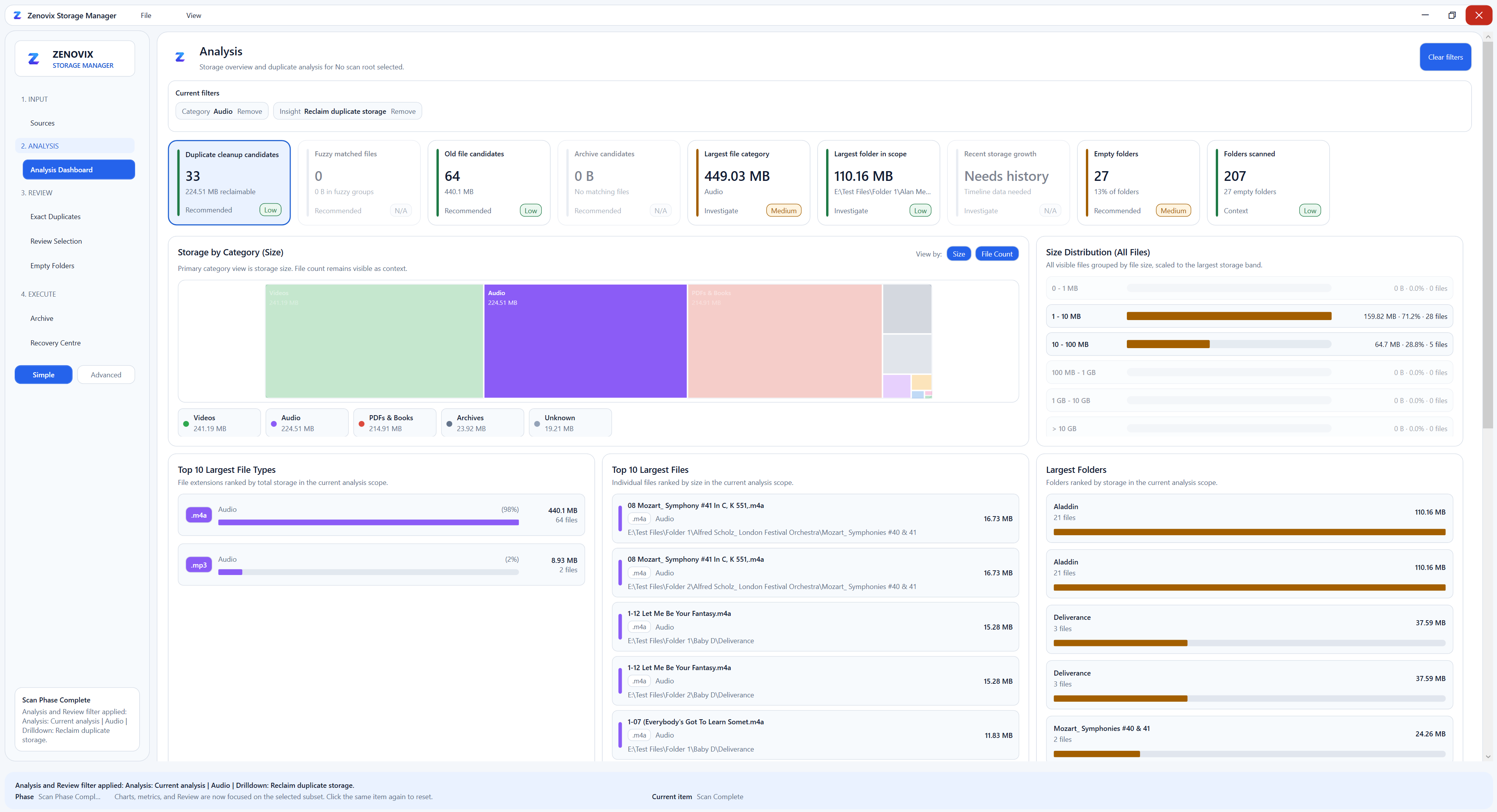 Zenovix Storage Manager Analysis dashboard showing an example filtered view with Audio and duplicate cleanup candidates