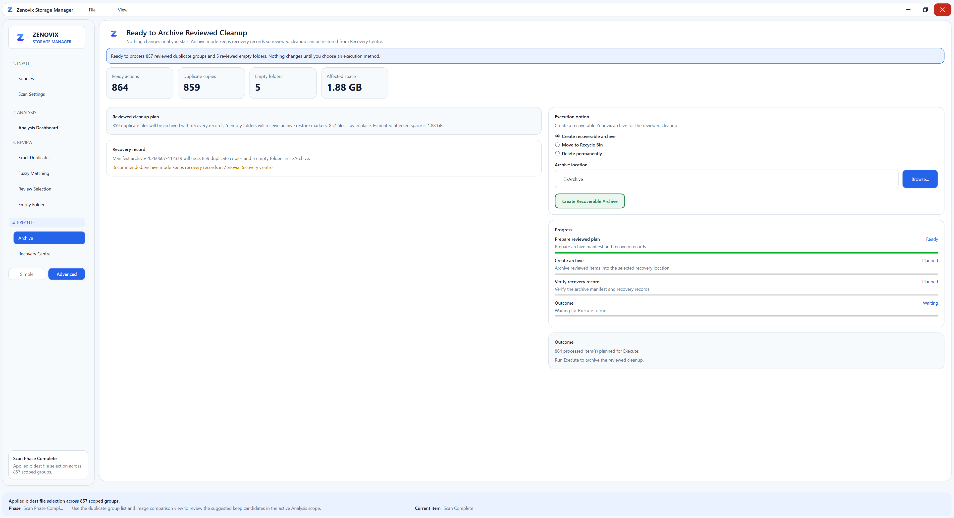 Zenovix Storage Manager Archive screen in dark mode showing reviewed cleanup, archive location, progress and outcome panels