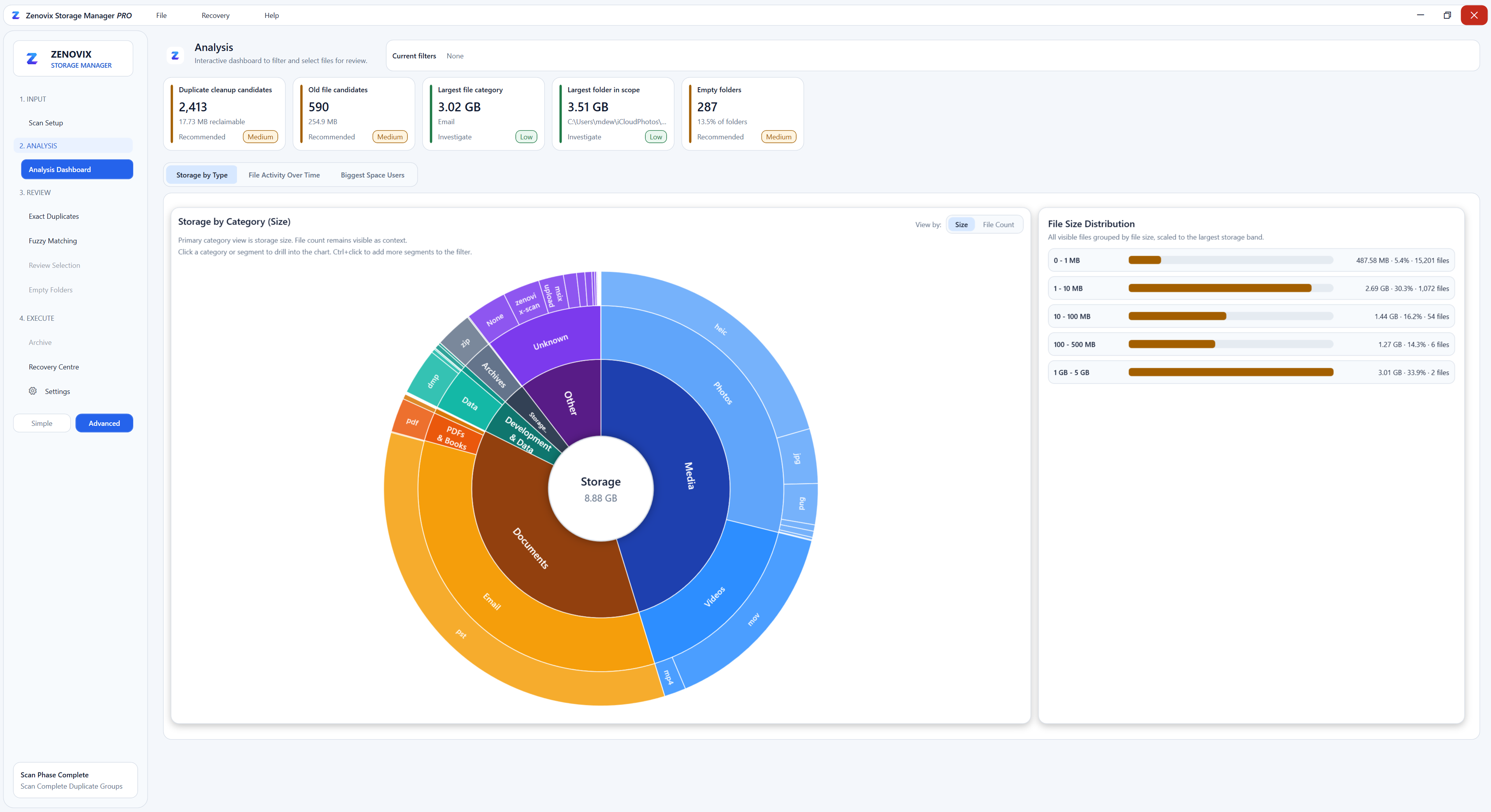 Zenovix Storage Manager interactive dashboard filtering