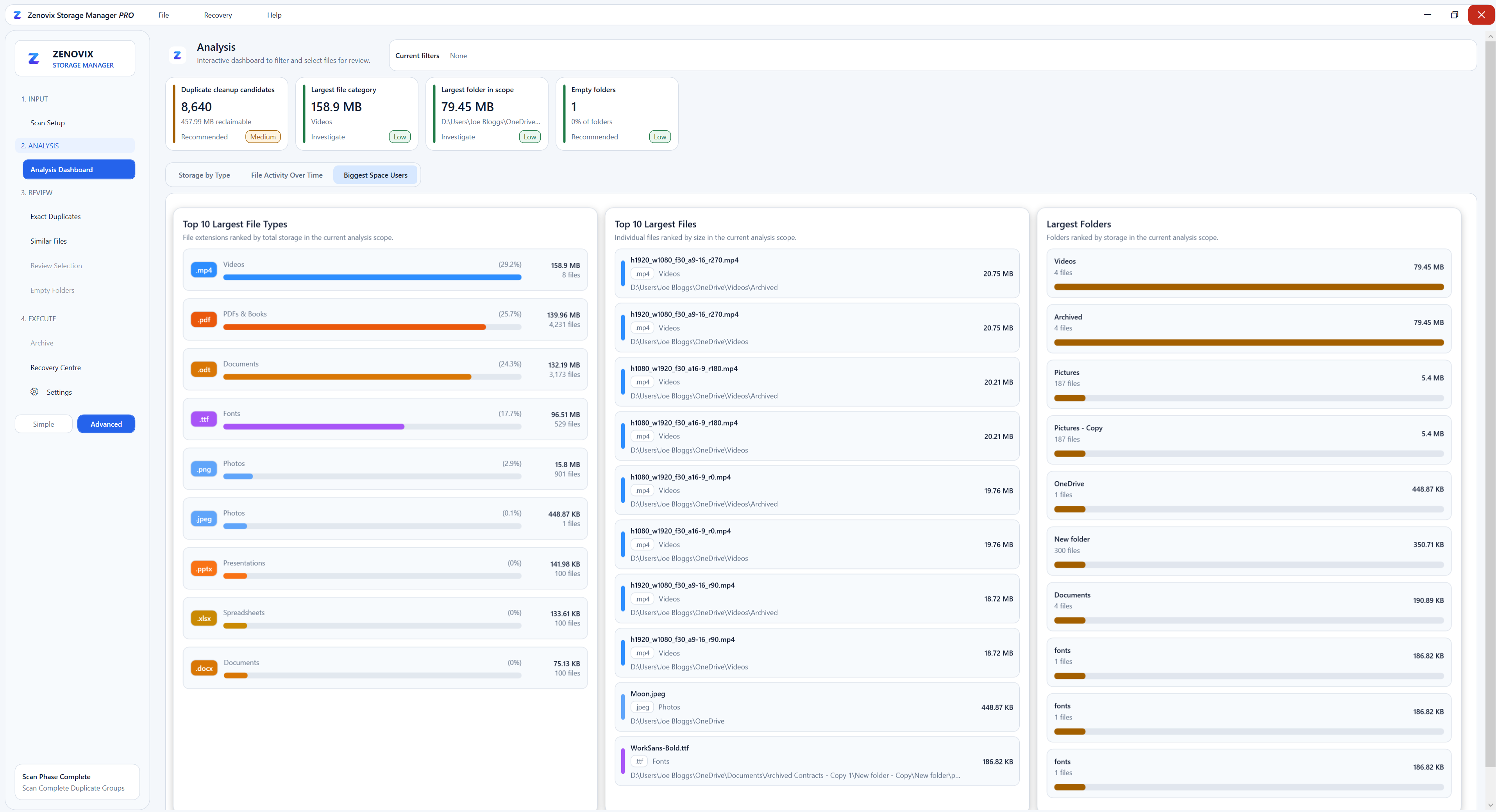 Zenovix Storage Manager Biggest Space Users view ranking largest file types, files and folders