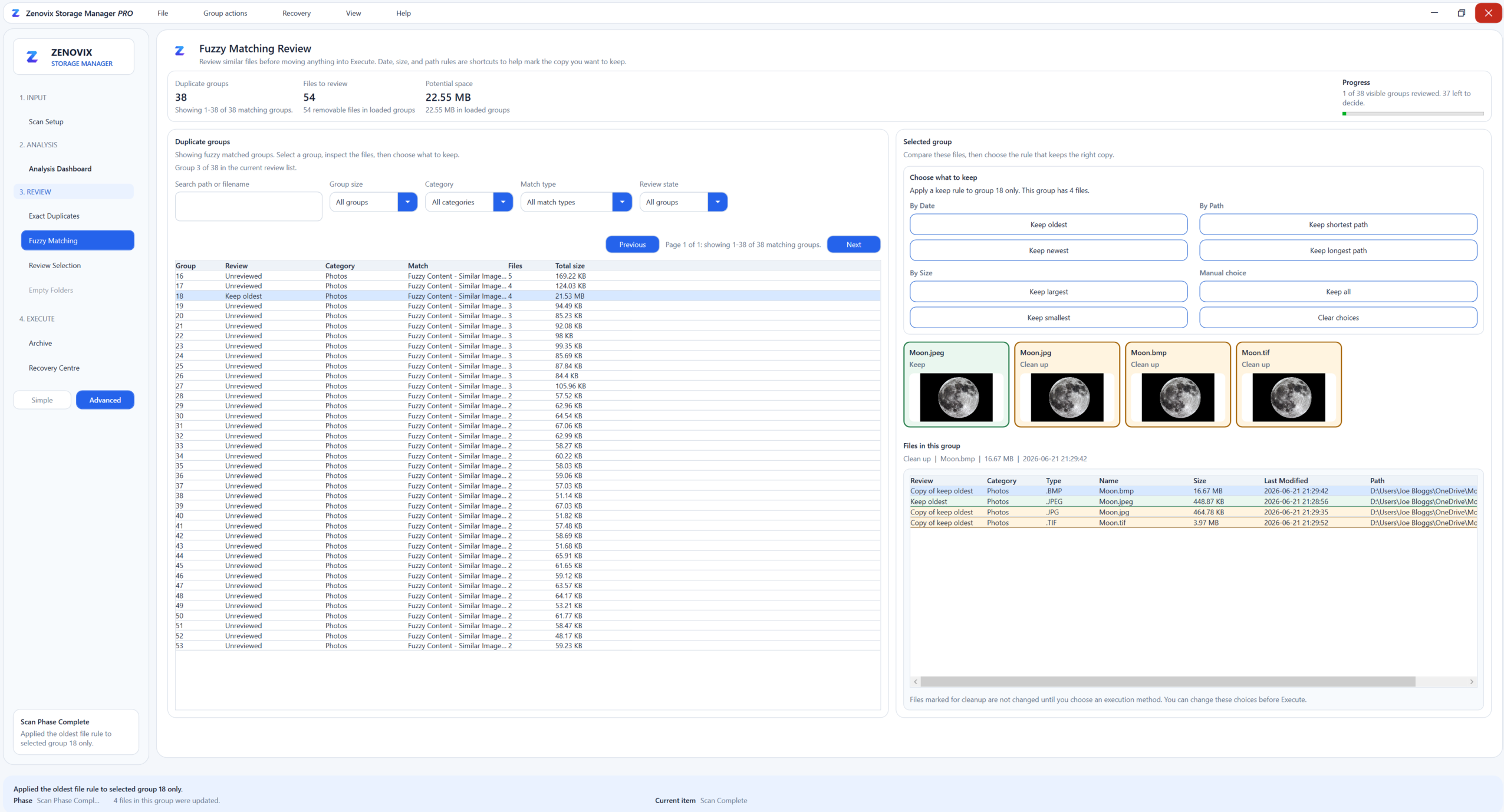 Zenovix Storage Manager Advanced Fuzzy Matching review screen