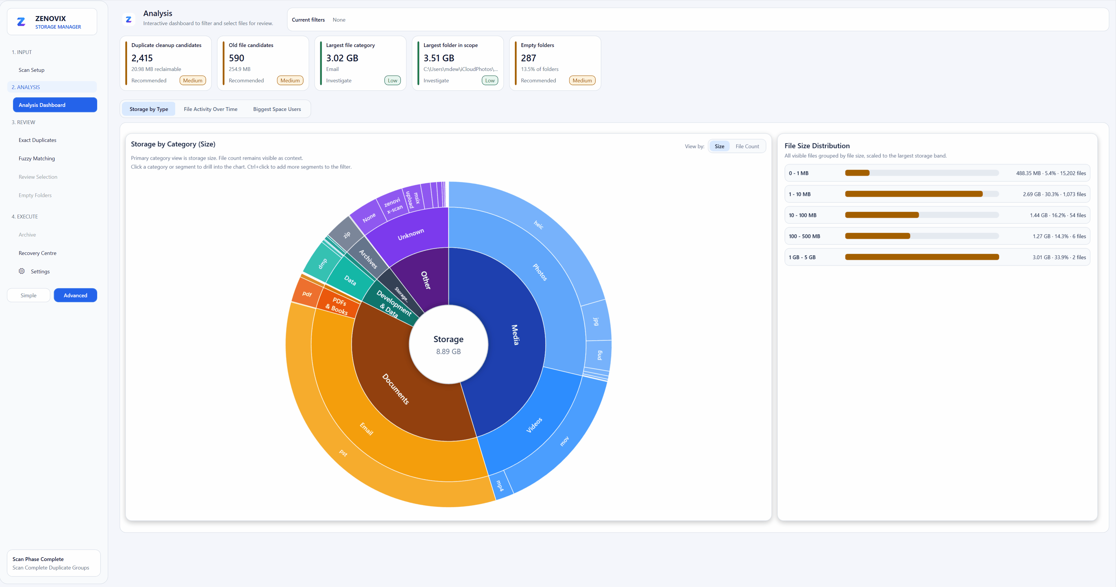 Zenovix Storage Manager advanced interactive dashboard filtering animation