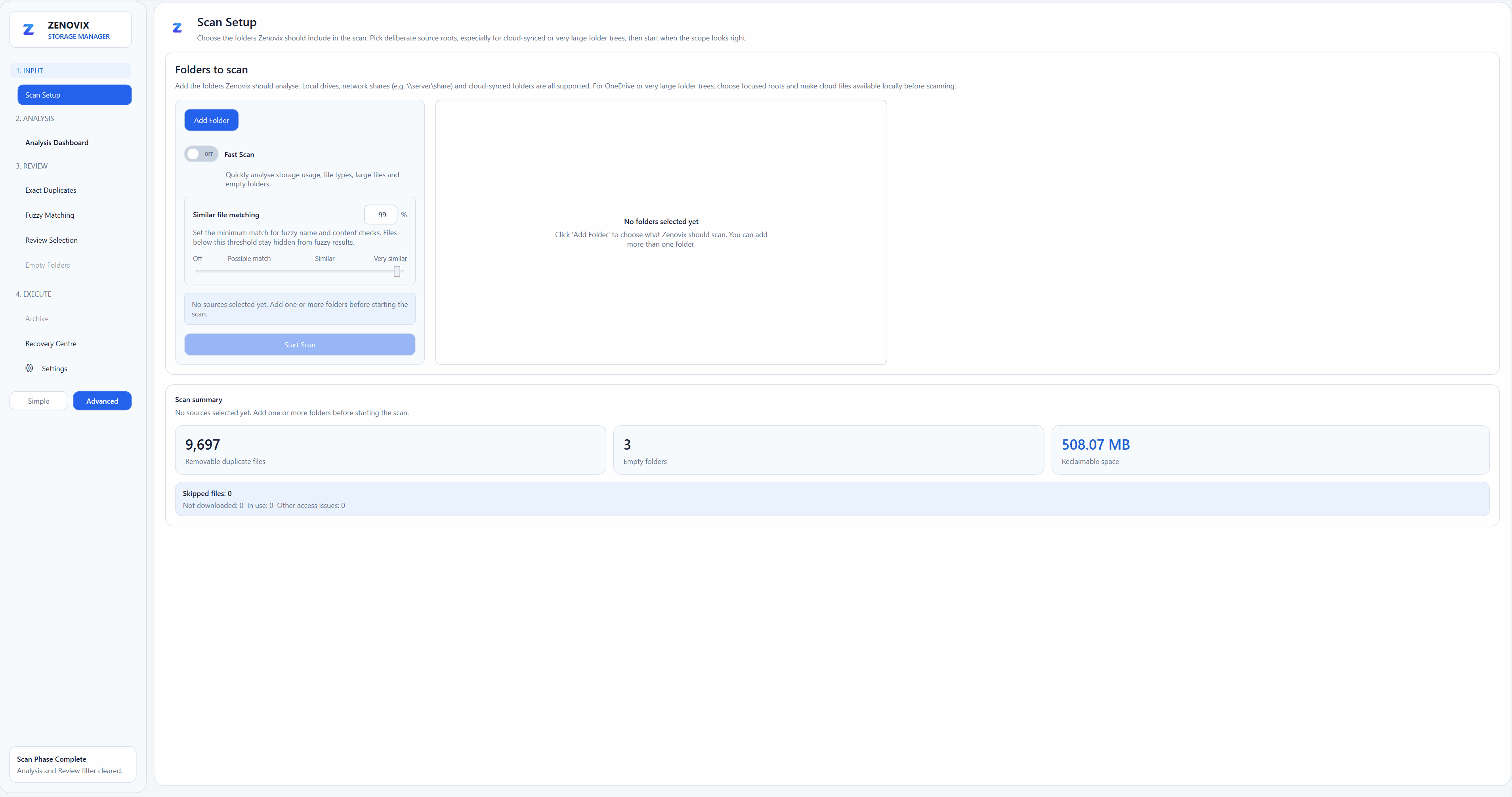Zenovix Storage Manager duplicate cleanup workflow animation