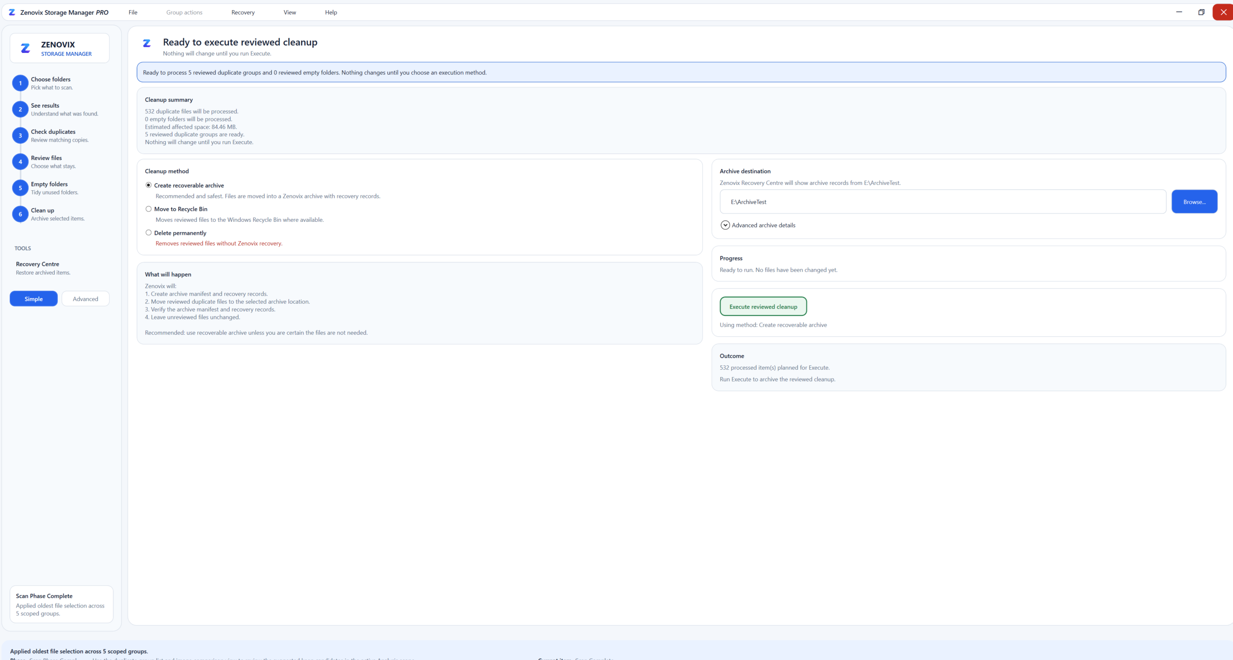 Zenovix Storage Manager Archive screen showing reviewed cleanup