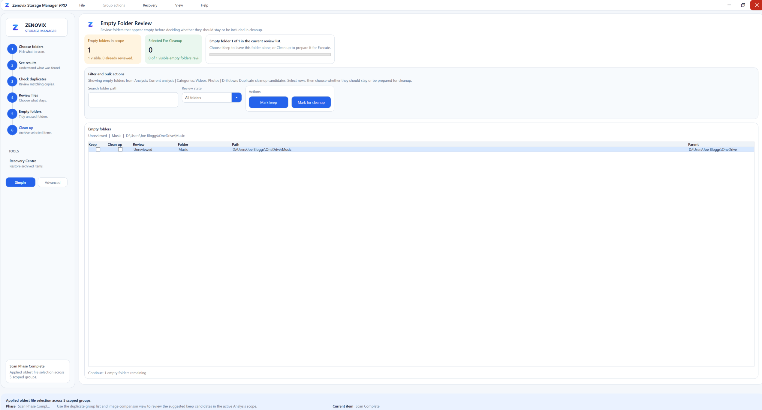 Zenovix Storage Manager Empty Folder Review screen