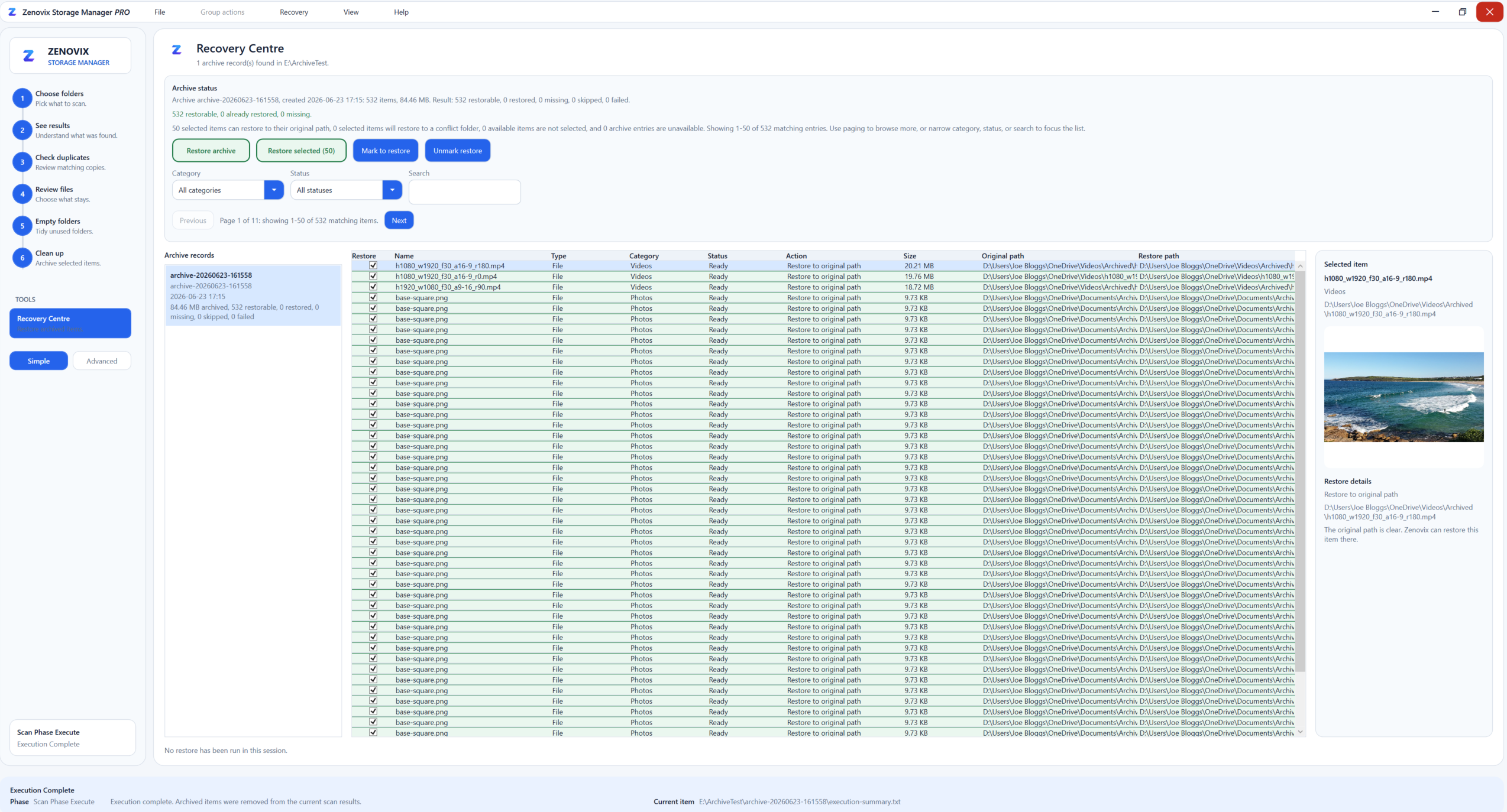 Zenovix Storage Manager Recovery Centre showing archive records and restore preview controls