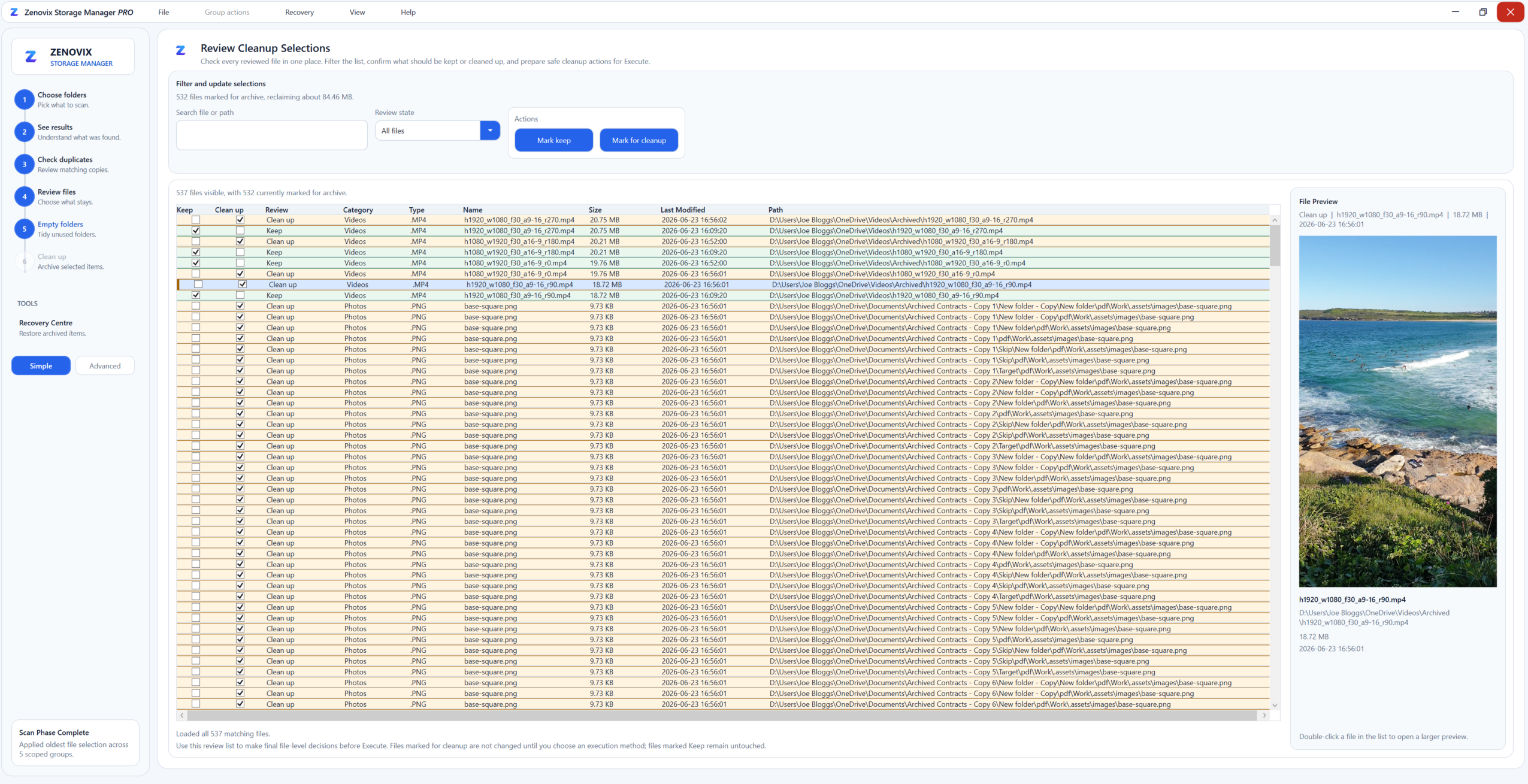 Zenovix Storage Manager Review Files screen showing cleanup selections