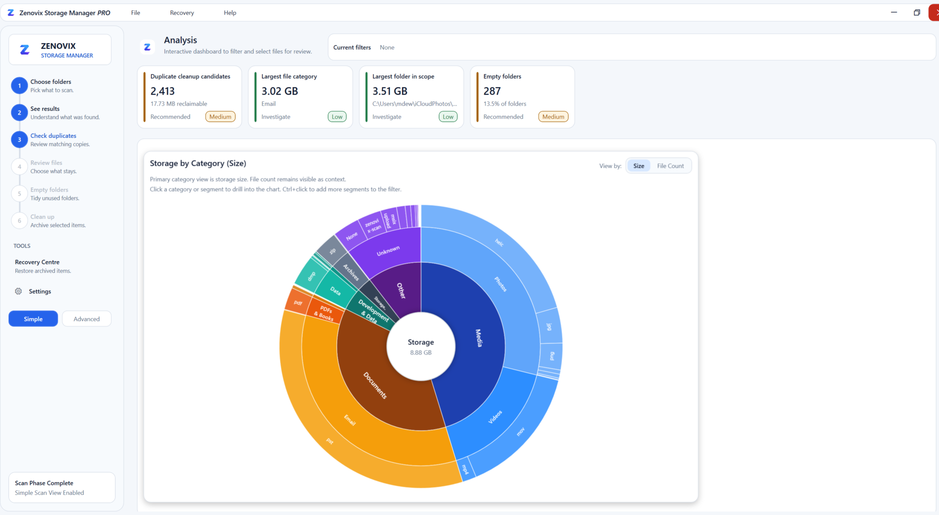 Zenovix Storage Manager Simple Analysis dashboard showing storage results