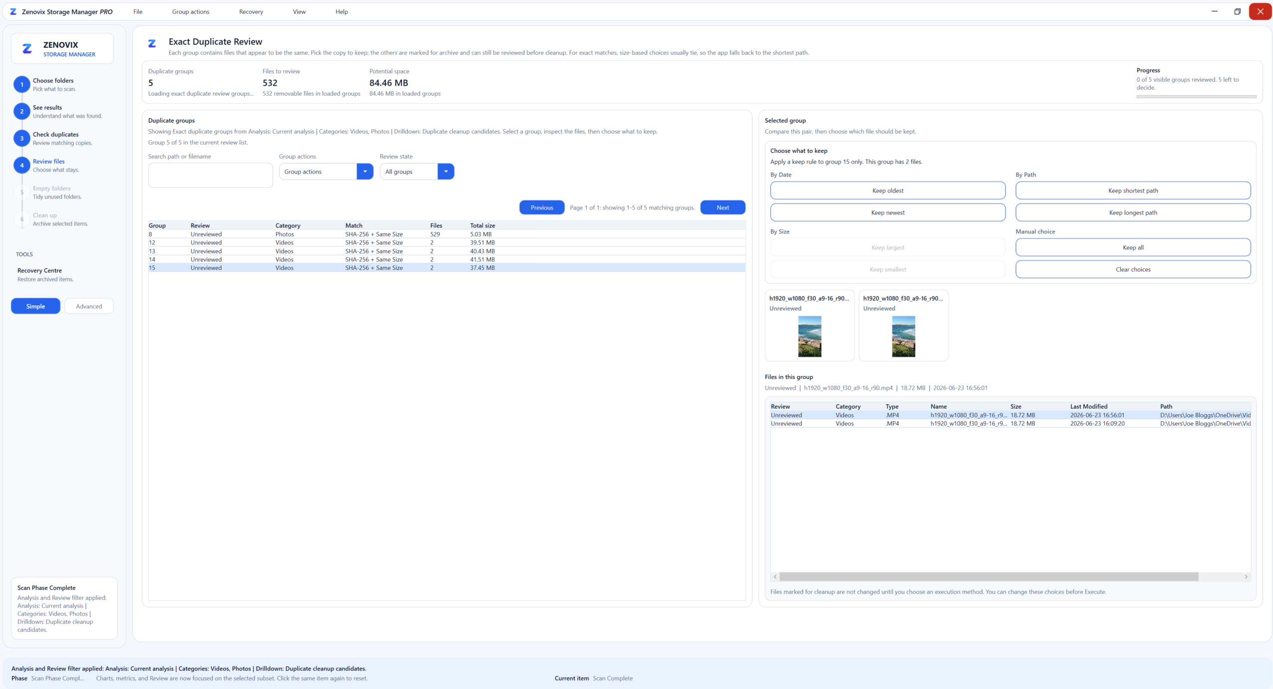 Zenovix Storage Manager Simple Exact Duplicates review screen