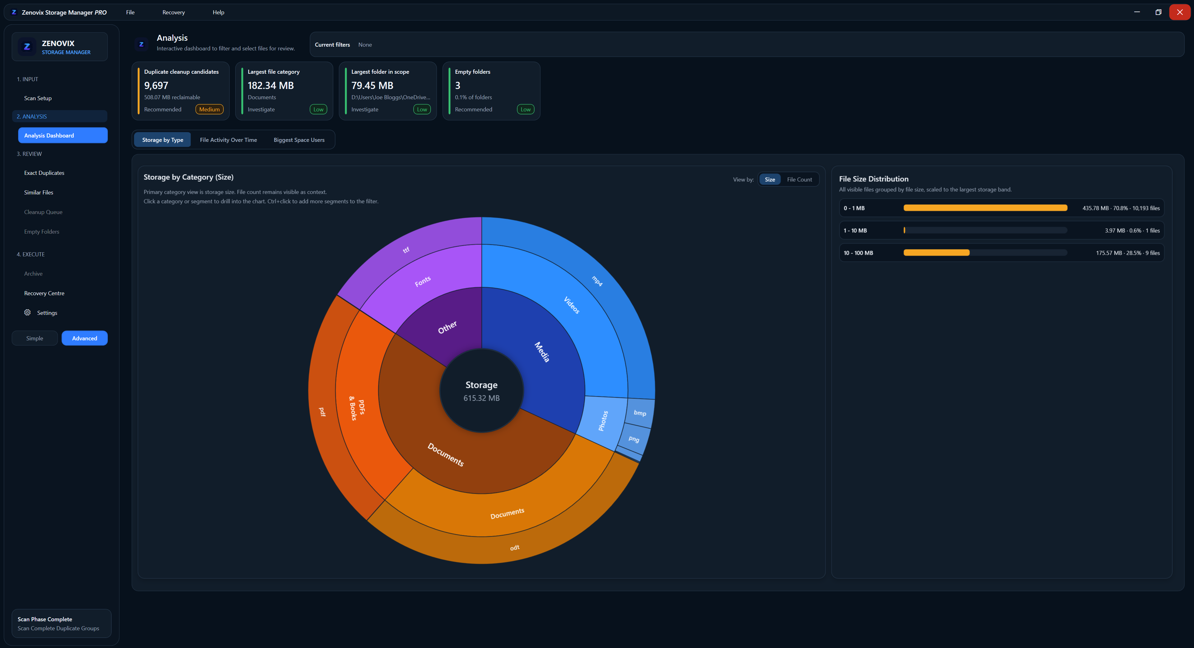 Zenovix Storage Manager analysis dashboard shown in the dark theme