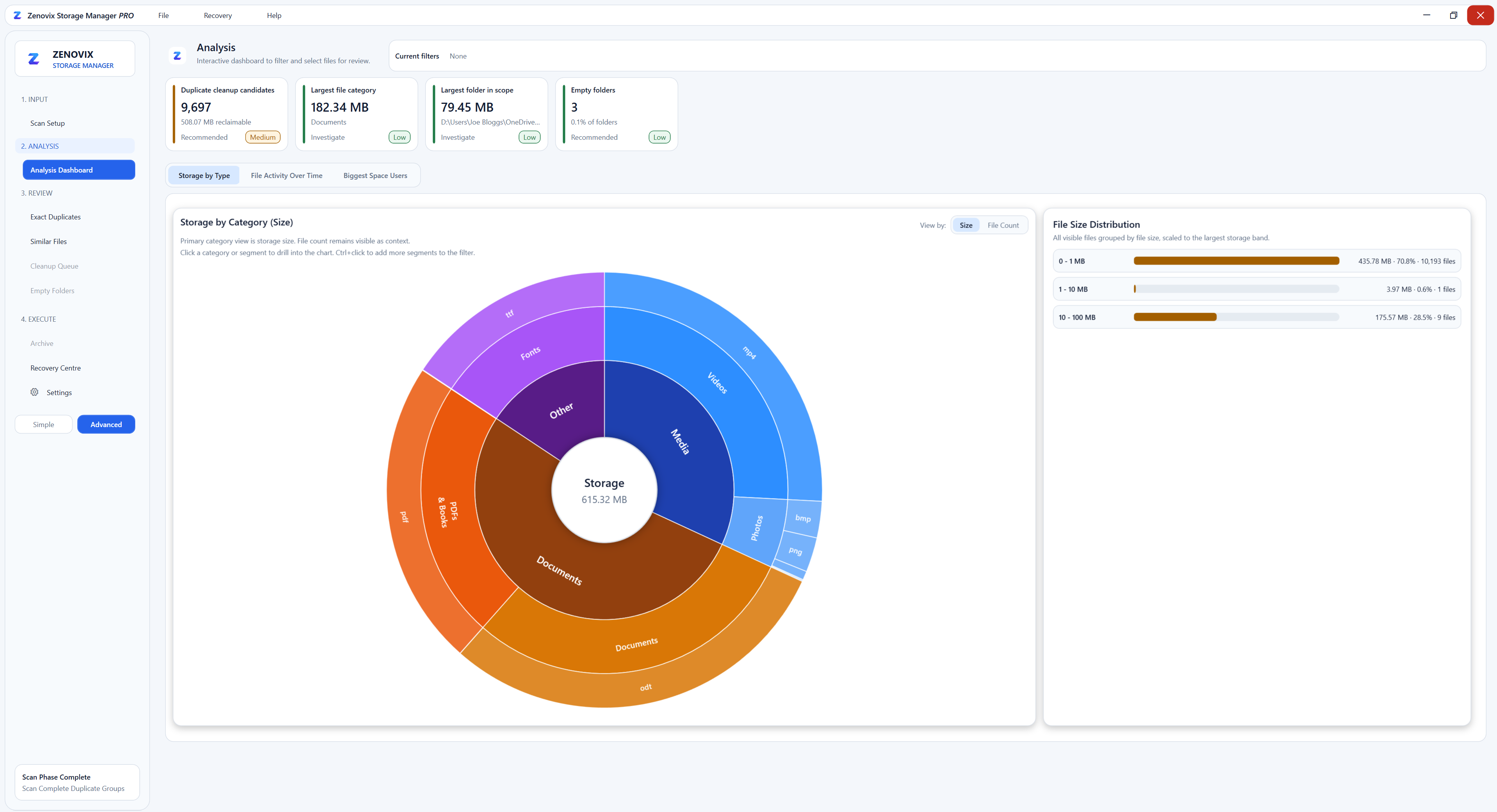 Zenovix Storage Manager analysis dashboard shown in the light theme